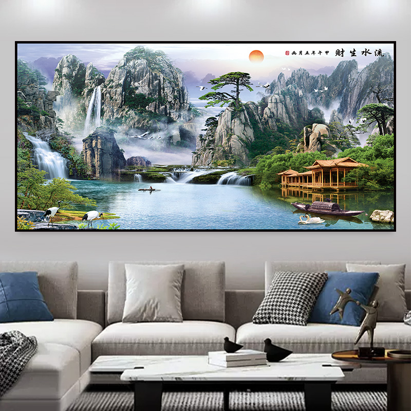 现代3d立体风景装饰壁画客厅办公室沙发背景墙贴流水生财自粘贴画