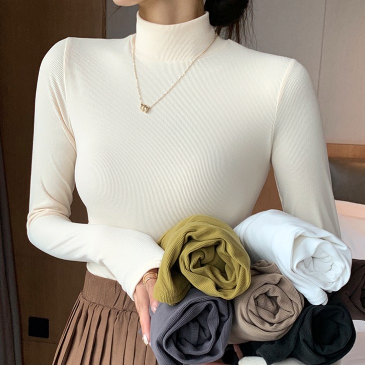 醉梓菡椰绒长袖打底衫女秋冬半高领t恤修身外穿螺纹百搭保暖上衣