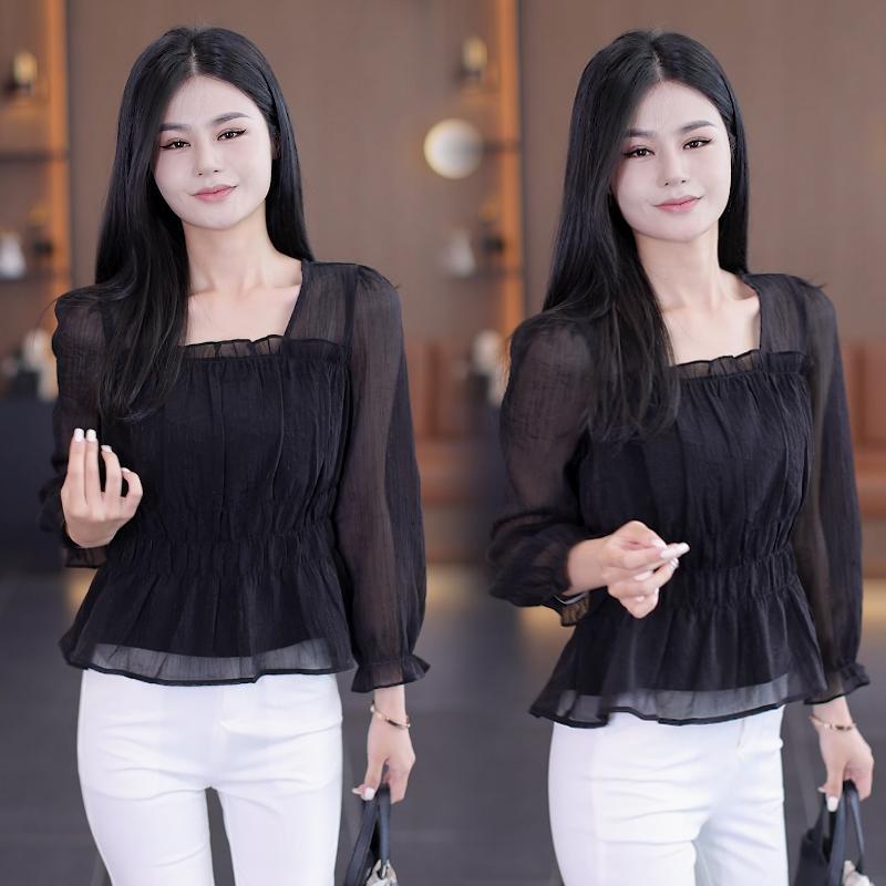 9516春装新款长袖上衣女韩版洋气小小众气质女装收腰雪纺女打底衫