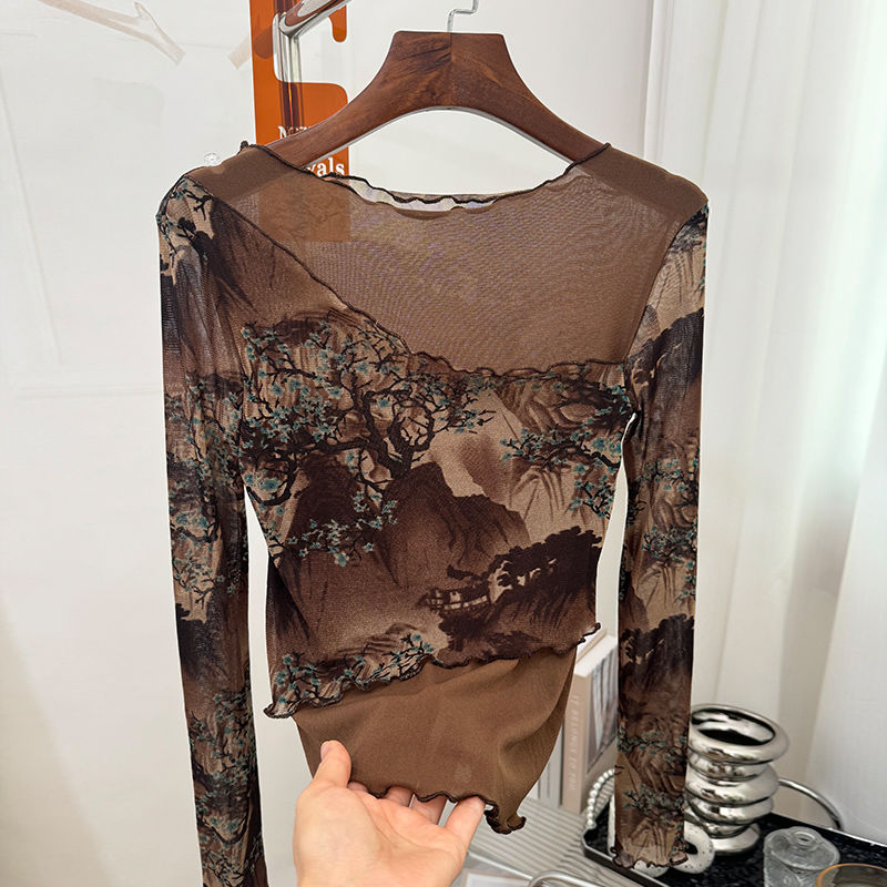 春秋时尚复古印花网纱高档上衣女弹力修身显瘦打底衫内搭时髦T恤