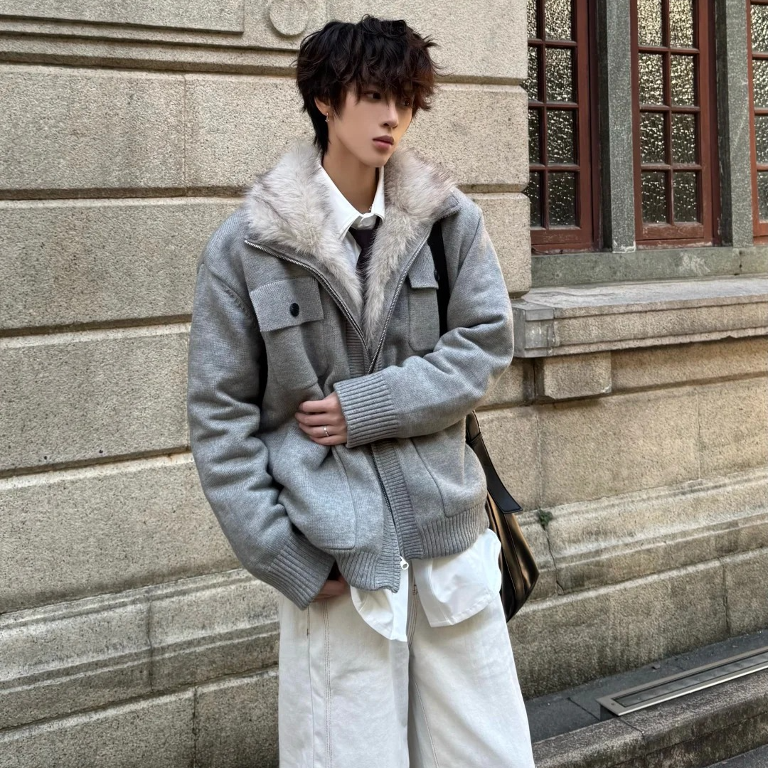 LIGGICC美式座山雕棉袄男冬季毛领加绒加厚针织毛衣开衫夹克外套