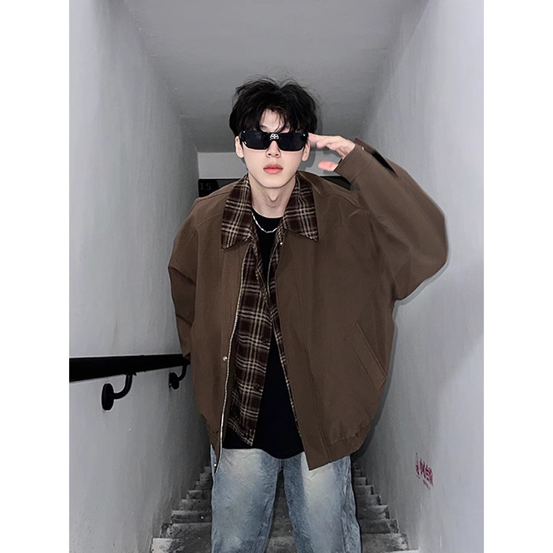 古着vintage棕色外套男秋冬美拉德穿搭假两件夹克翻领短款棒球服