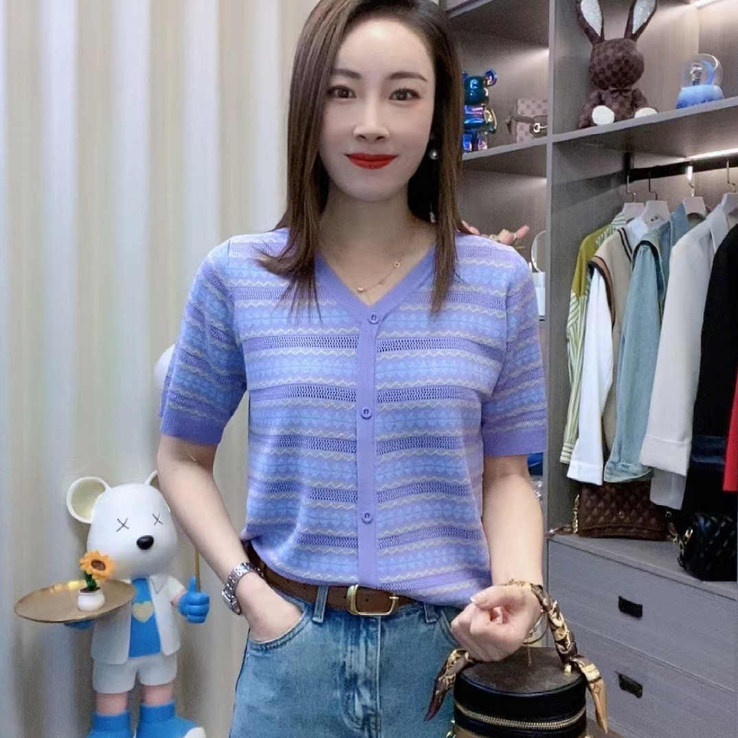 【80-160斤】V领假开衫夏季新款冰丝短袖女气质时尚撞色008