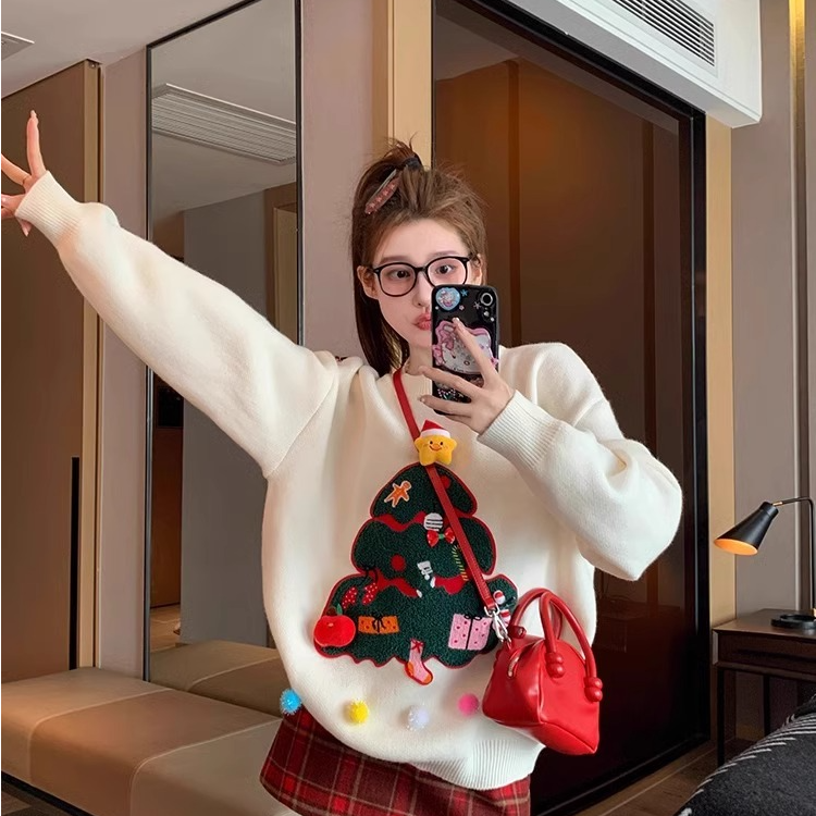 圆领圣诞毛衣女2025新款冬季设计感小众奶fufu上衣重工内搭针织衫