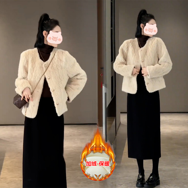 小香风套装2024新款爆款高级感温柔风加厚毛绒外套女半身裙两件套