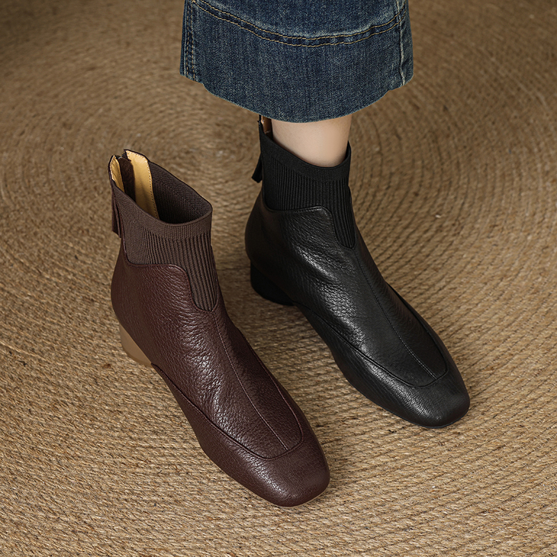 3CM头层羊皮方头粗跟短筒瘦瘦靴英伦风弹力靴秋冬中跟短靴马丁靴