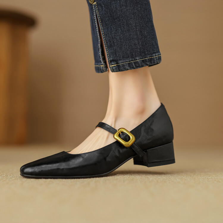 3.5cm羊皮韩版气质百搭粗跟浅口黑色玛丽珍单鞋复古方头中跟单鞋