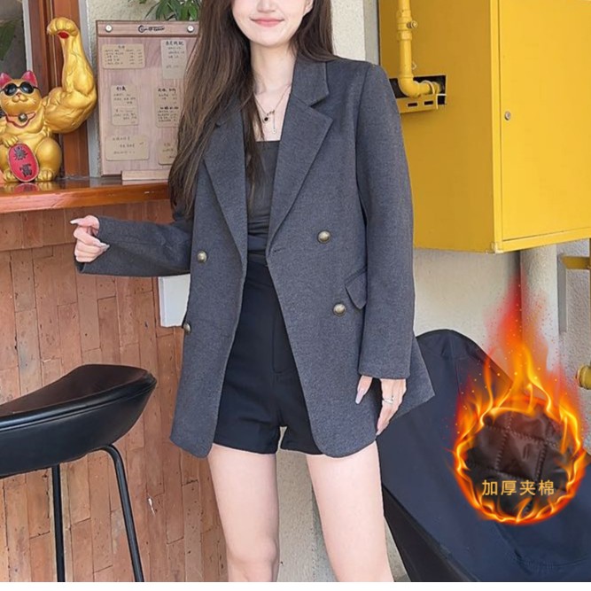 90白鸭毛呢西装外套女秋冬小个子复古宽松西服加绒加厚西装外套女