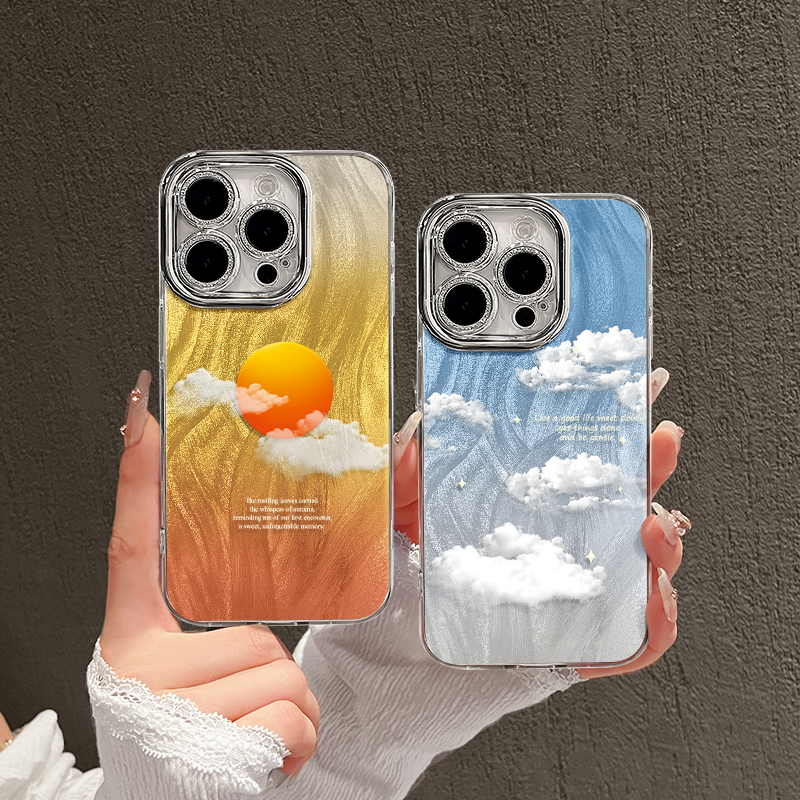 适用苹果14潮流iphone15手机壳华为p70银色精孔羽纱mate日落时分