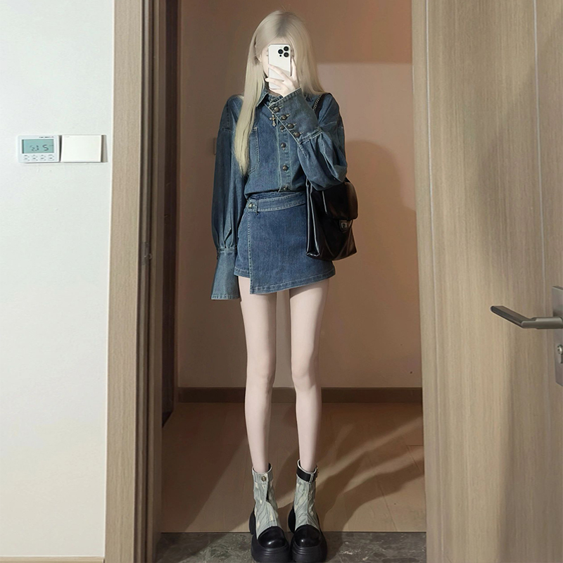 夏季搭配一整套套装美式复古牛仔衬衫外套女复古不规则裙裤两件套