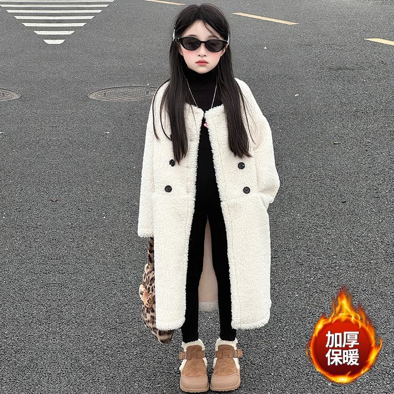 女童皮毛一体仿皮草外套新款冬季水貂绒女宝中长款羊羔毛毛呢大衣