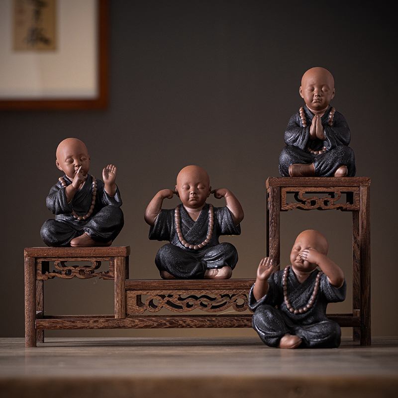 憨匠先生中式四不小和尚茶宠摆件创意工艺品茶室茶桌陶瓷茶室摆件
