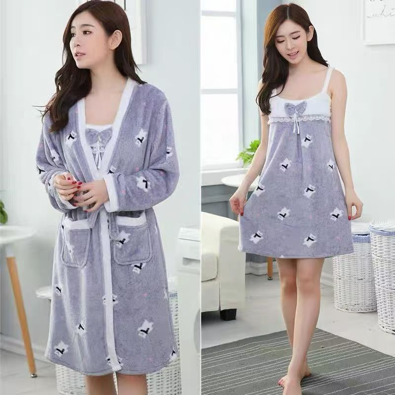 揭阳睡衣女款爆款2024秋冬季珊瑚绒性感吊带睡裙浴袍长袖睡袍家居