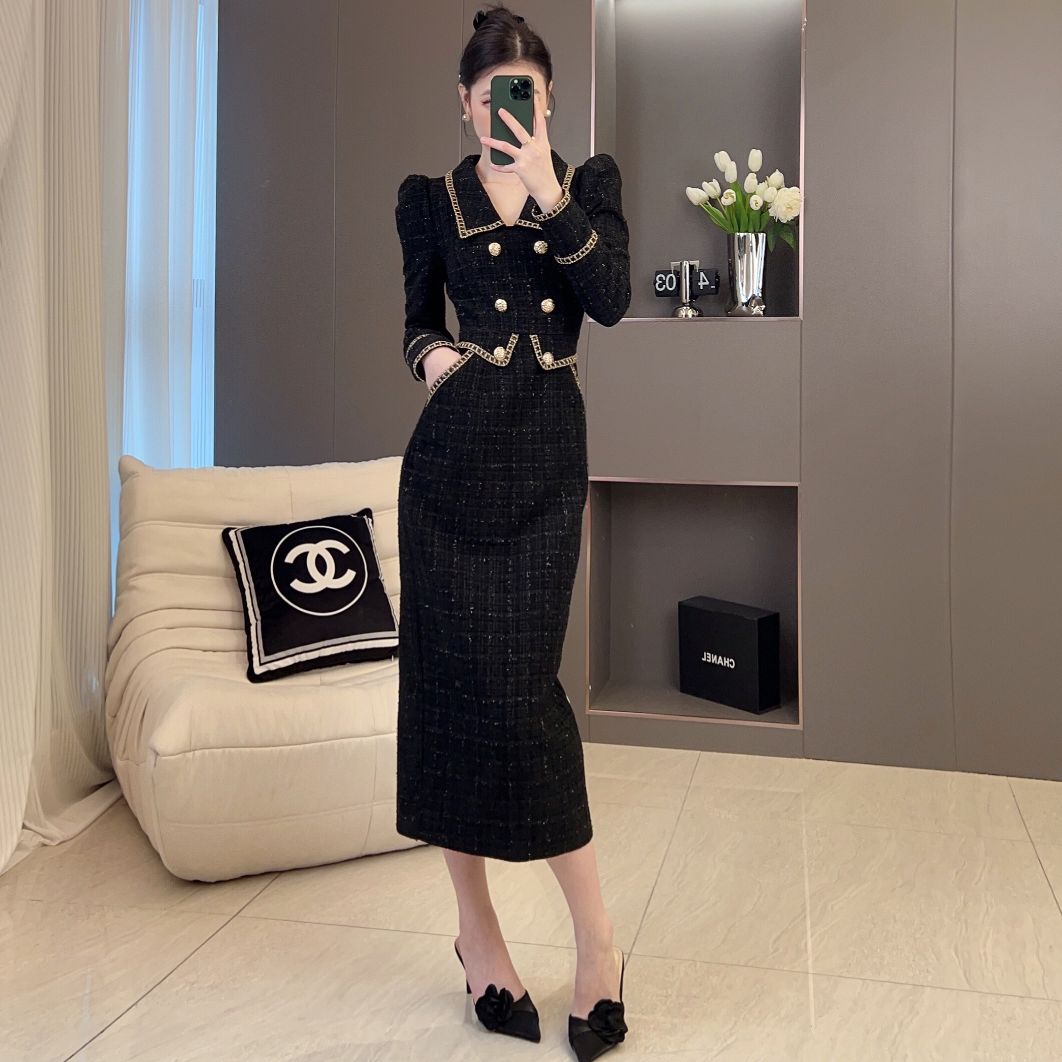 现货 TANS【秋冬新品】法式小香风黑色连衣裙小众设计中长裙假两件