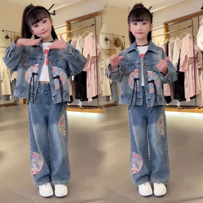 国风牛仔套装2025新款洋气大童新中式外套刺绣两件套儿童秋季牛仔