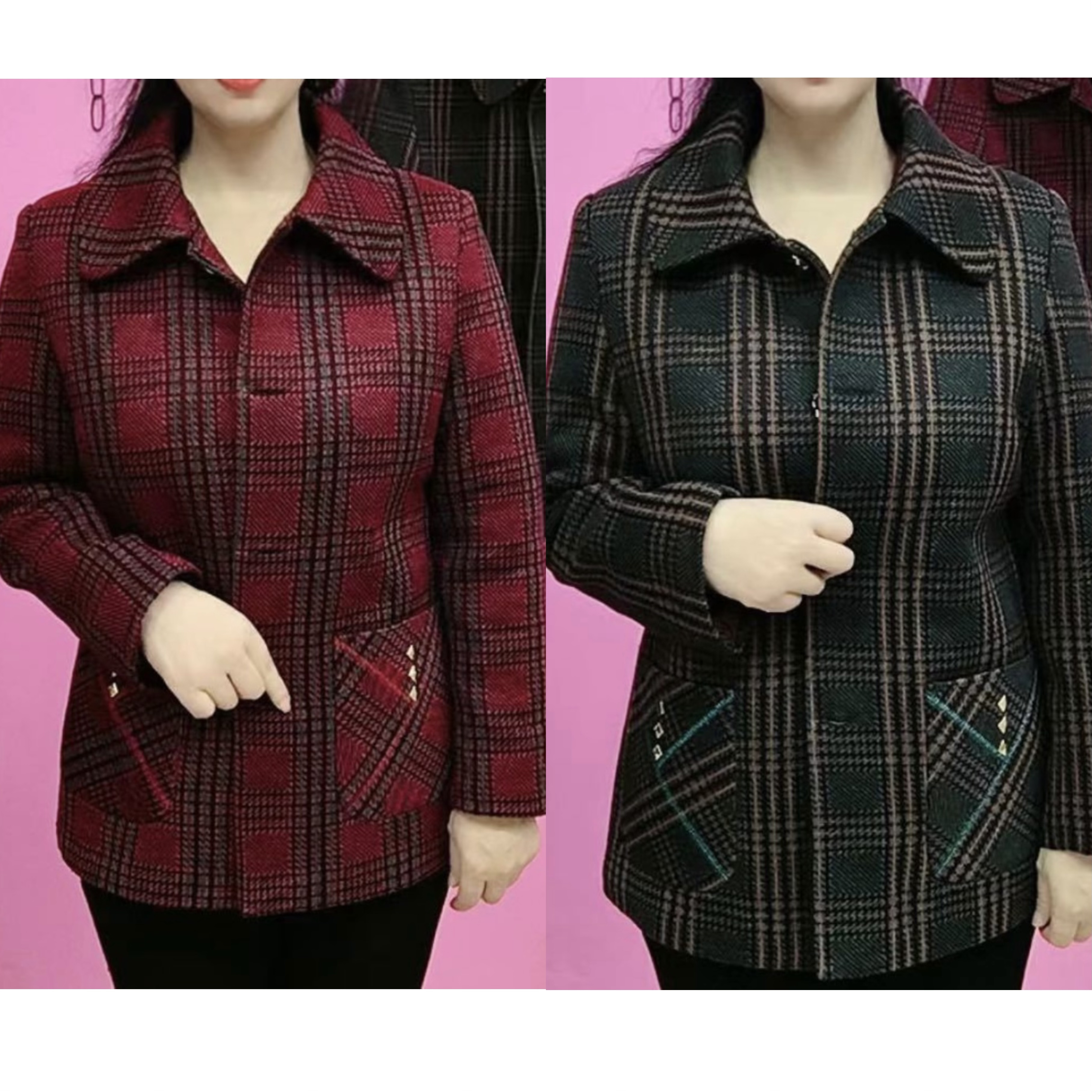 3318  新款翻领翻领双兜拼格外套上衣