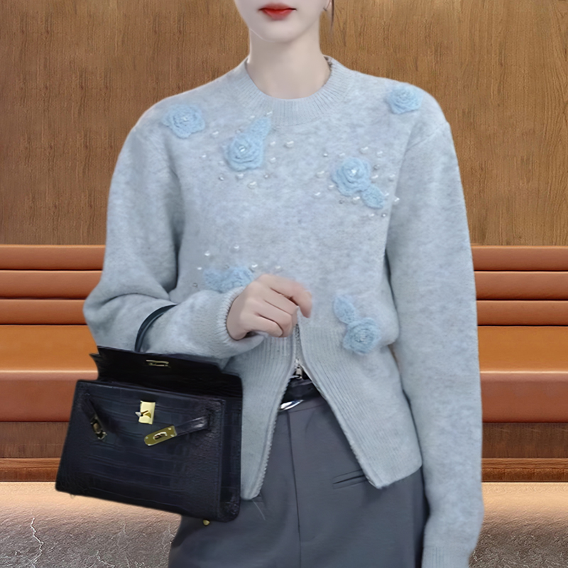 蓝色毛衣设计立体钩花钉珠圆领针织衫女秋冬气质洋气减龄短款上衣