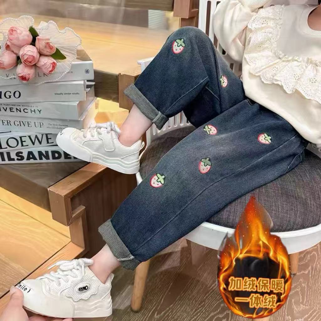 女童加绒牛仔裤秋冬款中小童儿童加绒一体绒裤子宝宝长裤