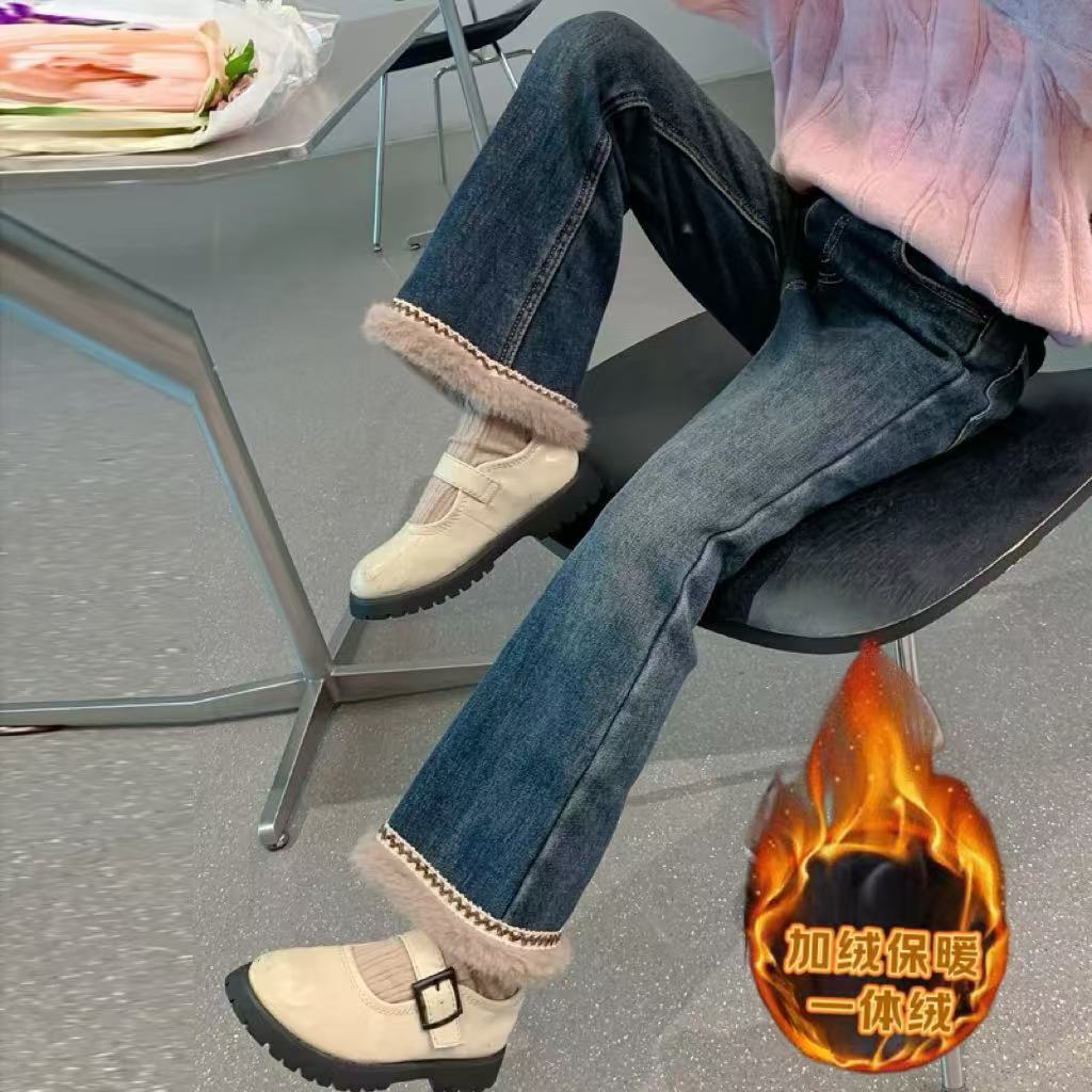 童装女童加绒牛仔裤秋冬款中大童一体绒弹力喇叭裤子修身保暖长裤