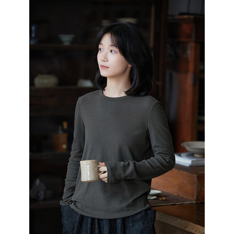 秋松茶灰有机棉细腻柔软显瘦百搭打底衫1077