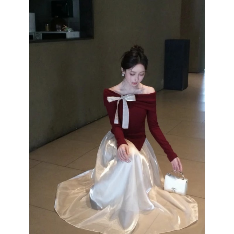 微胖mm韩系氛围感千金套装裙秋季新款蝴蝶结红色针织衫搭配半身裙