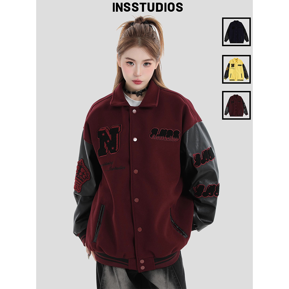 INSstudios国潮牌情侣美式毛巾刺绣LOGO棒球服宽松休闲夹克外套