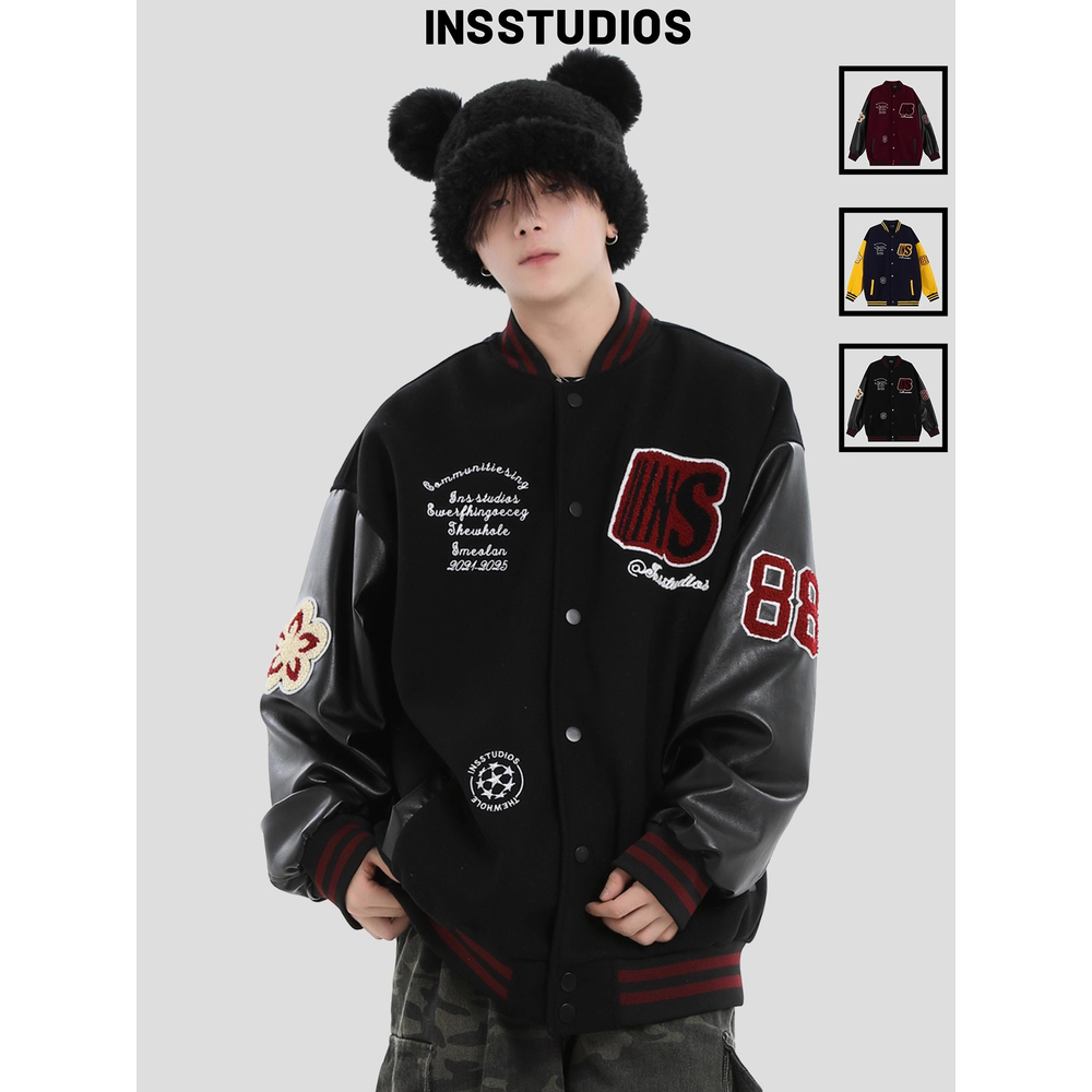 INSstudios国潮情侣美式徽章拼接撞色棒球服宽松重磅夹克外套男