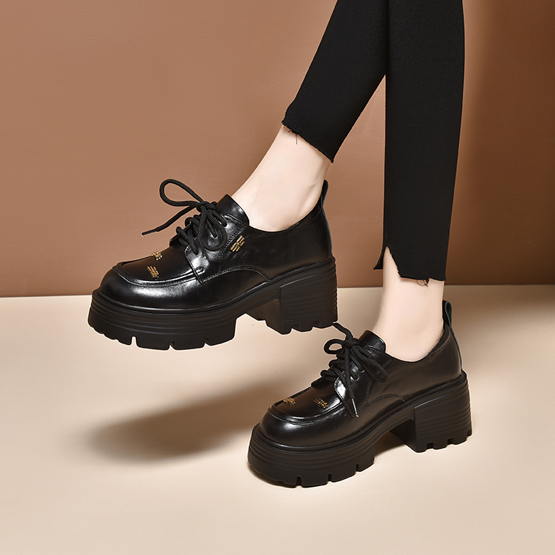 厚底英伦复古乐福鞋深口增高单鞋2025秋季新款圆头系带高跟小皮鞋