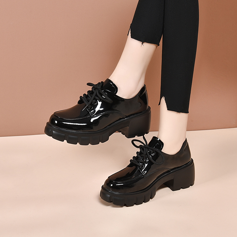 厚底松糕鞋女2025春季新款系带小皮鞋粗跟真皮单鞋女英伦风乐福鞋