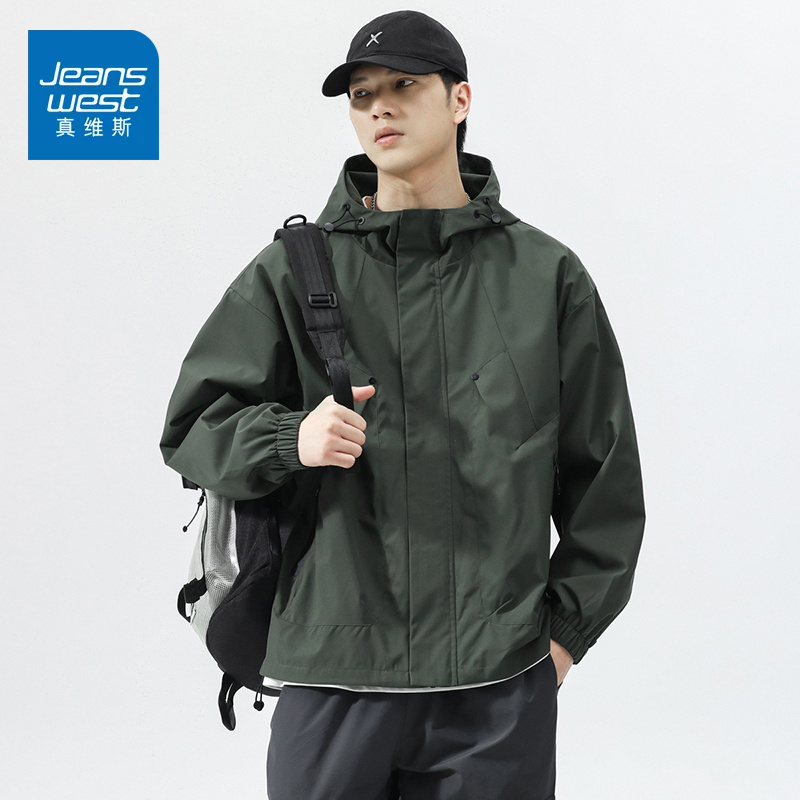 真维斯2025新款男士连帽冲锋衣美式休闲大码工装夹克外套上衣秋季