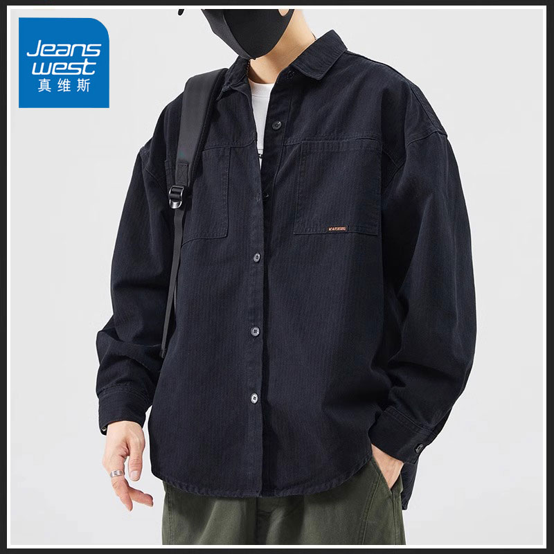 Jeanswest/真维斯工装休闲衬衫男士秋季纯棉宽松百搭美式潮牌外套