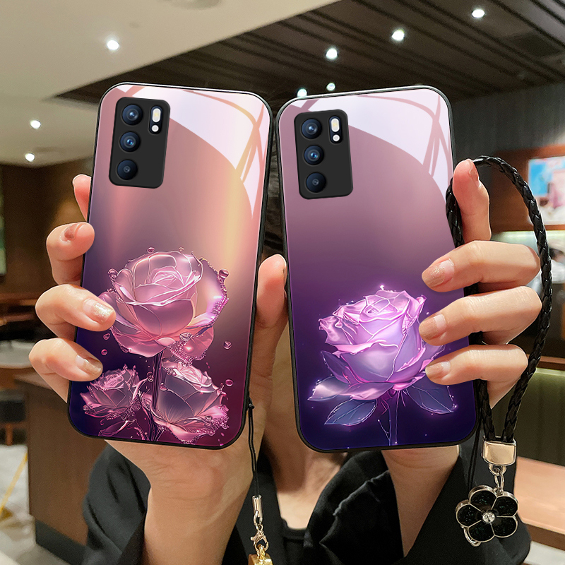 蔷薇玫瑰适用opporeno6pro手机壳Reno6玻璃女款网红款挂绳reno6pr