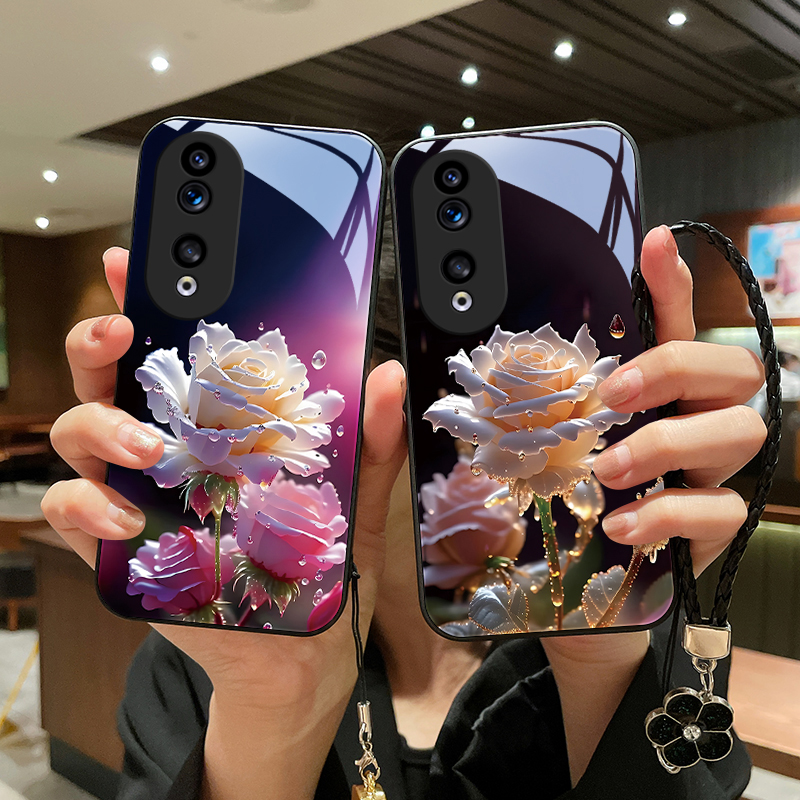 绽放玫瑰适用华为荣耀90手机壳荣耀90pro玻璃新款个性全包防摔女