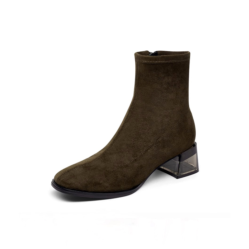 秋冬新款方头瘦瘦靴低跟侧拉链短靴女