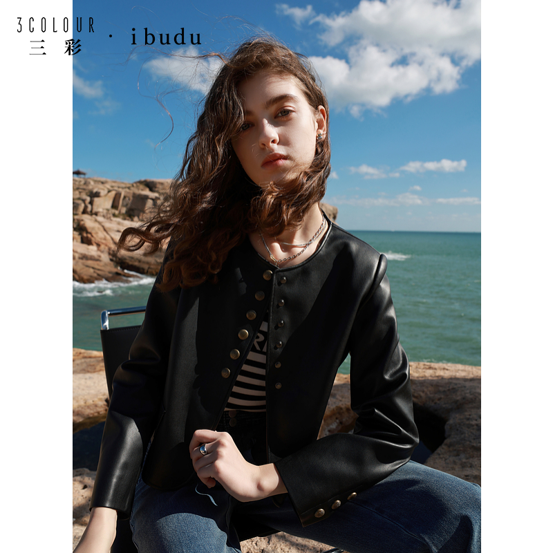 三彩ibudu2025春季PU皮外套圆领单排扣短款宽松皮衣夹克女1135