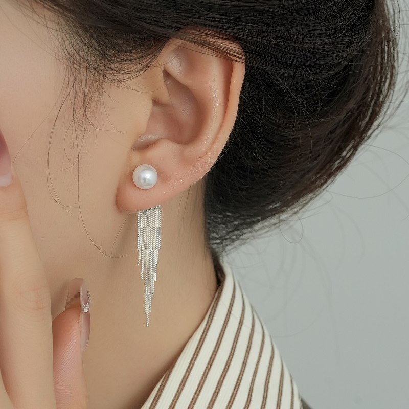 铜合金仿珍珠耳饰 高定版925银针银河流苏气质耳钉女2024新百搭百