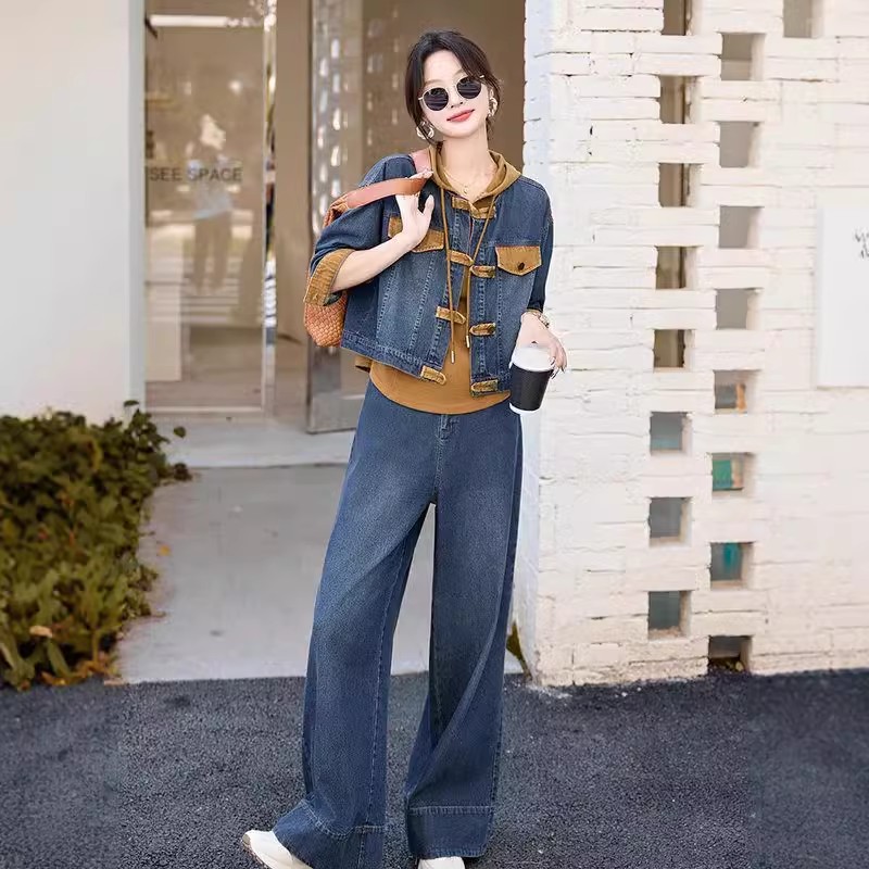 牛仔套装两件套2024年流行款女春秋新款国风新中式短外套阔腿长裤