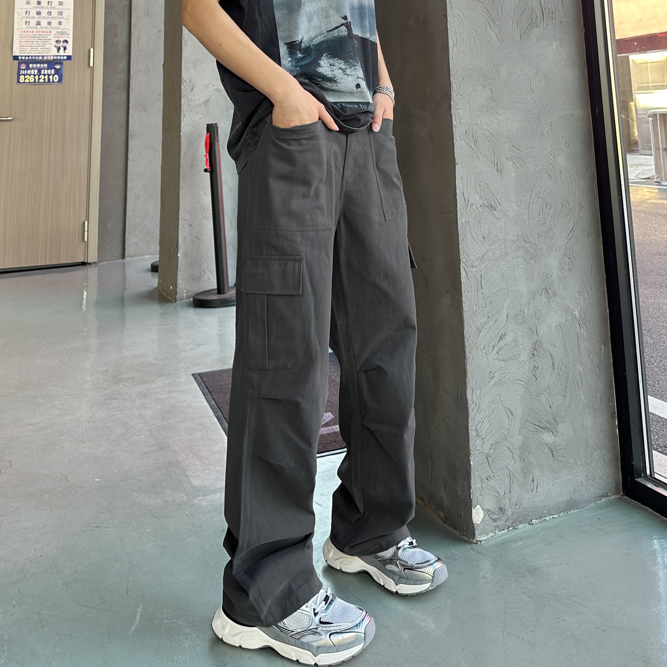 QUALCOMM美式复古阔腿工装裤男秋季潮流百搭宽松休闲裤直筒长裤子