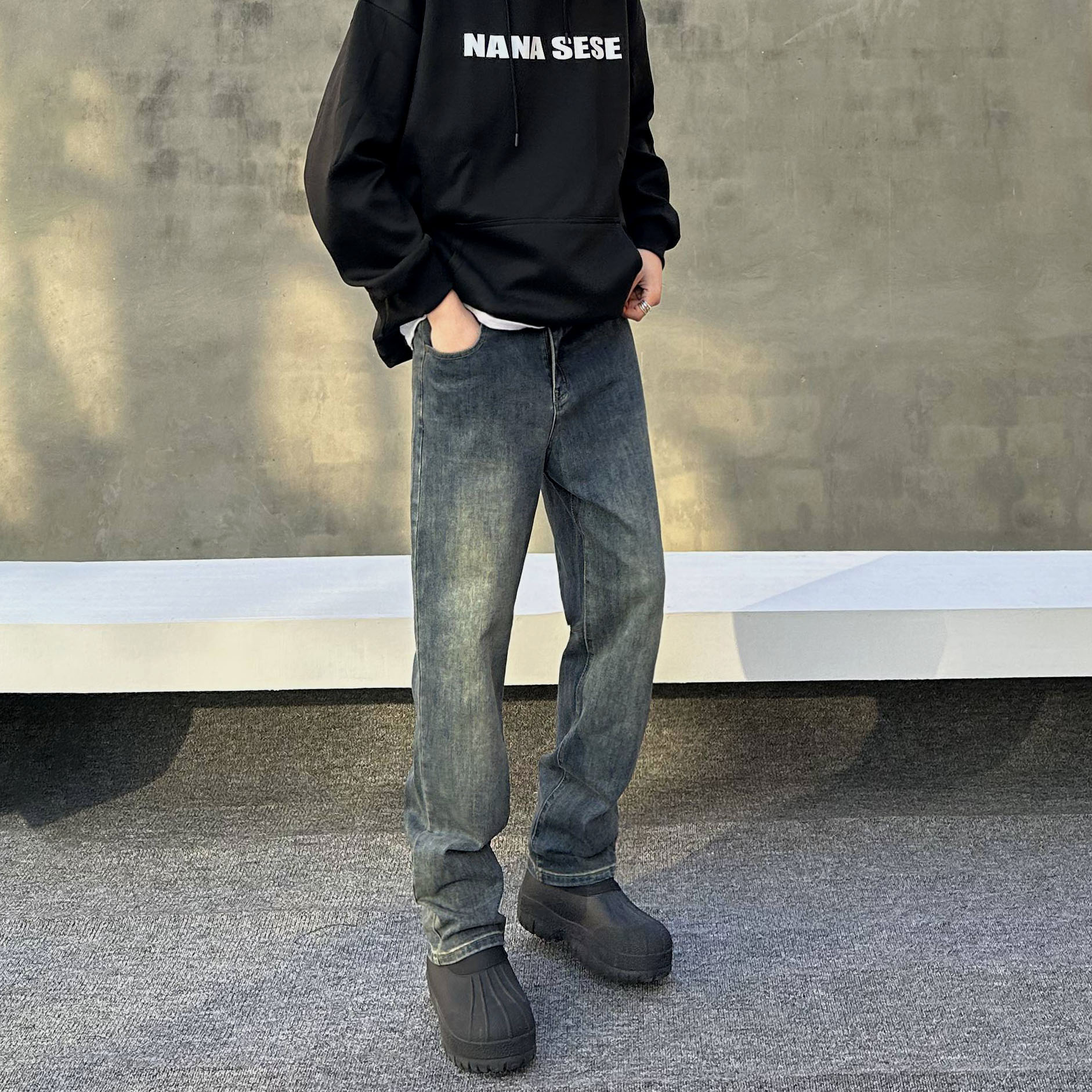 美式潮牌ins高街纯色牛仔裤男生百搭复古蓝做旧水洗净版直筒长裤