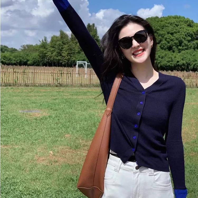 撞色拼接蓝色V领长袖针织开衫女早秋小众设计感毛衣内搭打底上衣