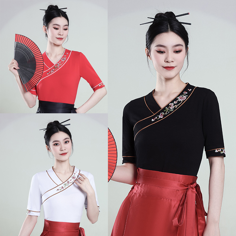 新款古风上衣搭配马面裙日常穿夏季新中式绣花短袖T恤女国风上衣