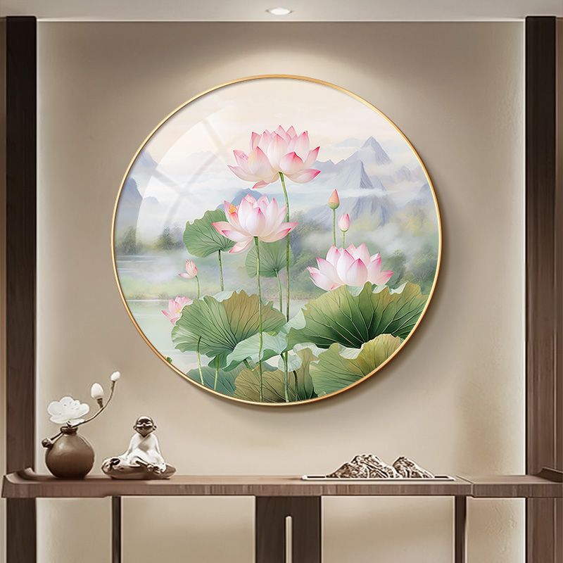 客厅装饰画装饰艺术挂画玄关荷花圆形净秽墙上餐厅禅意图新中式