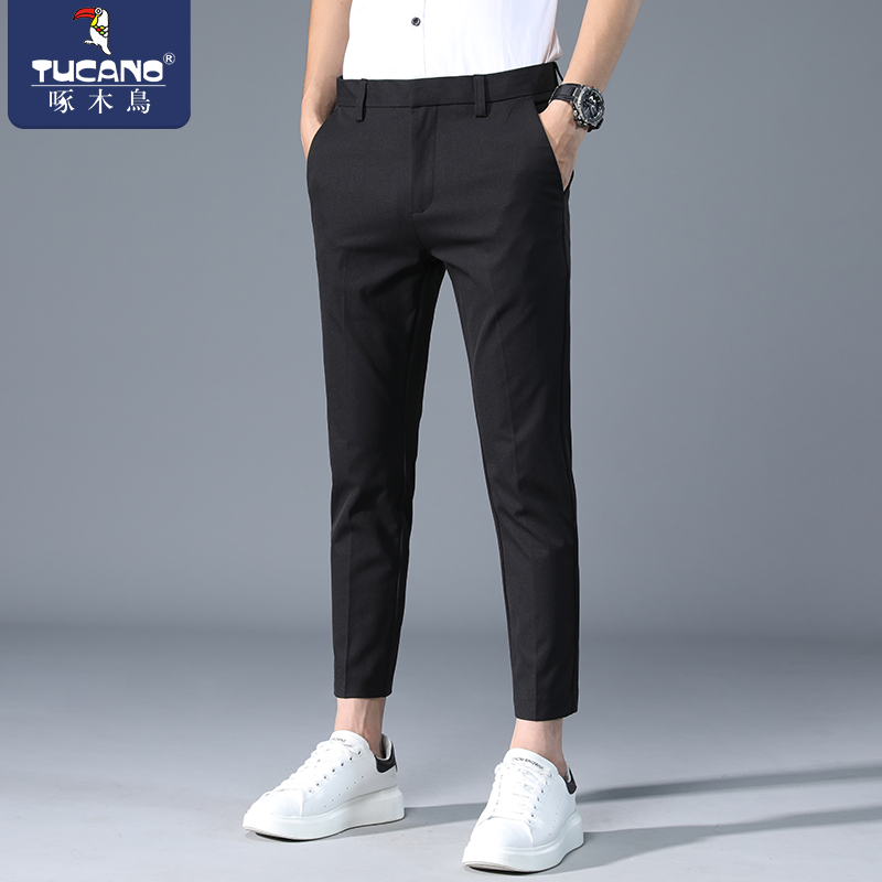 啄木鸟潮牌高档休闲裤男士裤子秋季新款免烫修身小脚裤九分小西裤