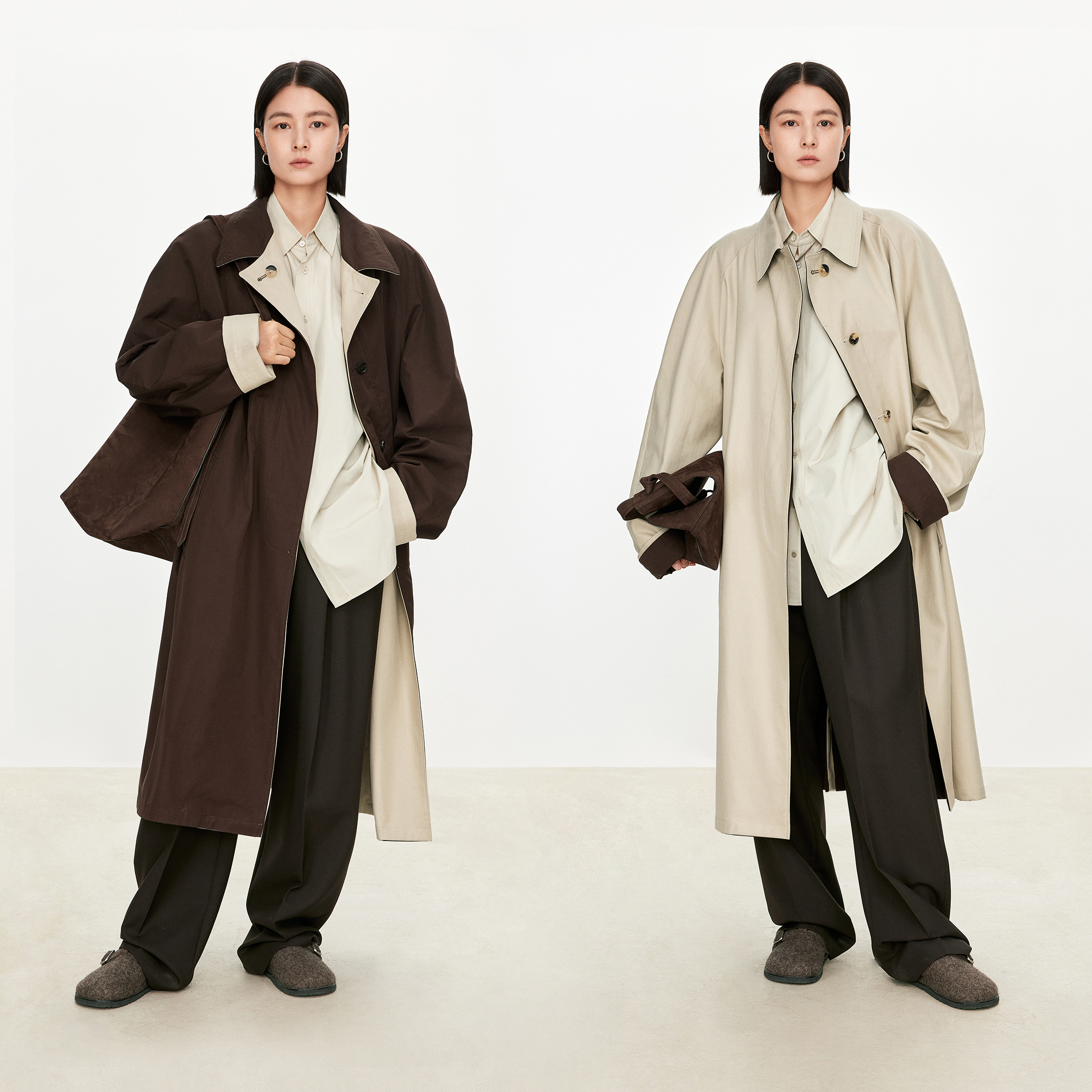 抗皱双层斜纹棉高级感大衣匹马棉府绸正反双色两穿廓形长风衣外套