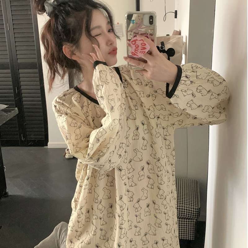 秋季卡通兔子长袖睡裙女款爆款2024新款学生甜美ins风睡衣家居服