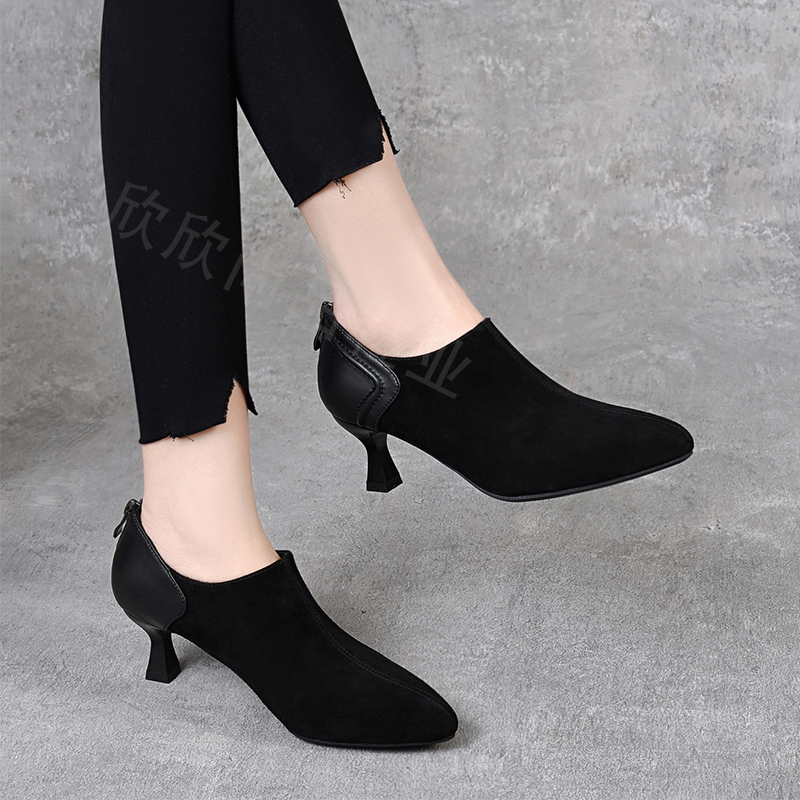 羊皮深口高跟鞋女真皮通勤尖头单鞋细跟低跟百搭软底软面羊皮女鞋
