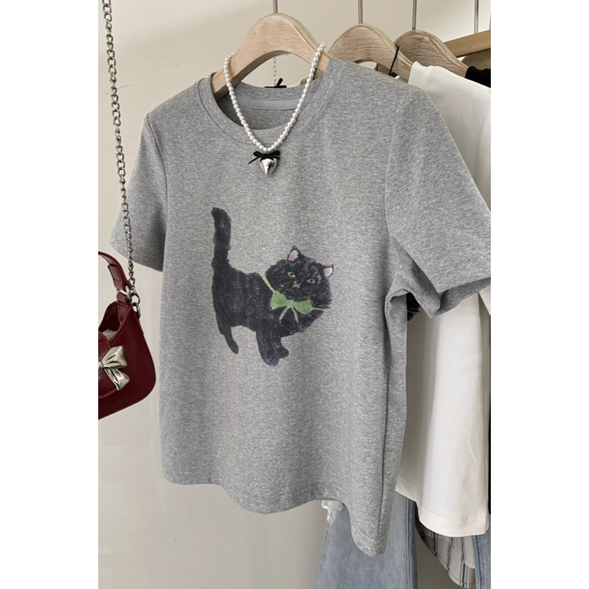 纯棉小猫正肩短袖女夏季美式宽松显瘦T恤韩版百搭上衣潮小众灰色