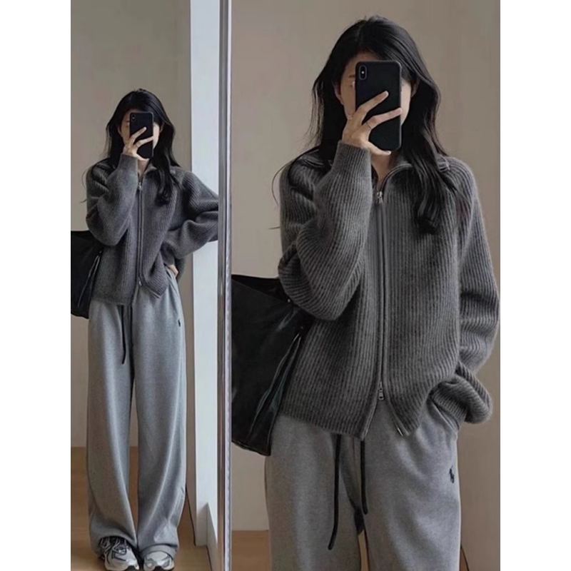 高级感双拉链针织开衫毛衣女冬季高领慵懒风ins加厚外套灰色上衣