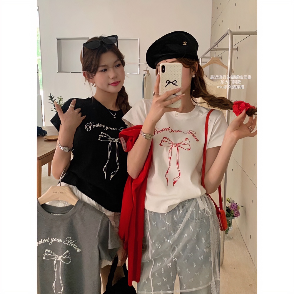 蝴蝶结情侣短袖t恤女夏季新款设计感小众ol宽松显瘦百搭ins印花