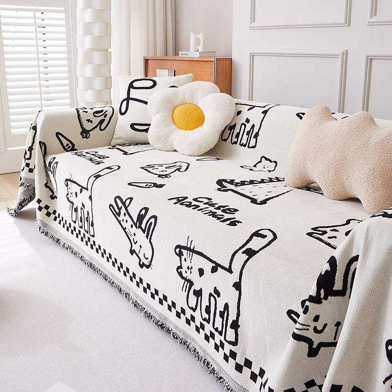 ins简约卡通防猫抓雪尼尔沙发盖布四季通用沙发巾沙发套罩沙发毯
